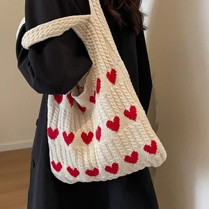 نمط القلب لون حجب الكروشيه حقيبة يد ، حقيبة الكتف ، سعة كبيرة ، حقيبة الشاطئ ، حقيبة تبديل متعددة الاستخدامات ، أزياء ، 1 قطعة أفضل 12 حقيبة شاطئ كروشيه مبيعا - رقم 12