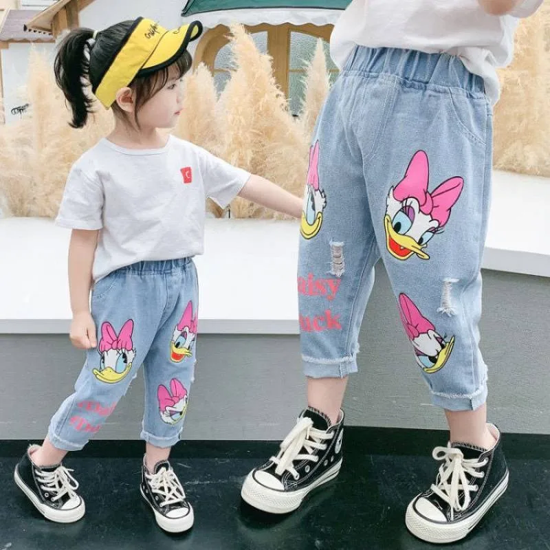 Spring Summer Children Cartoon Daisy duck Jeans Thin Baby Girls Loose Denim Pants Kids Fashion Casual Trousers for 2-6 Year