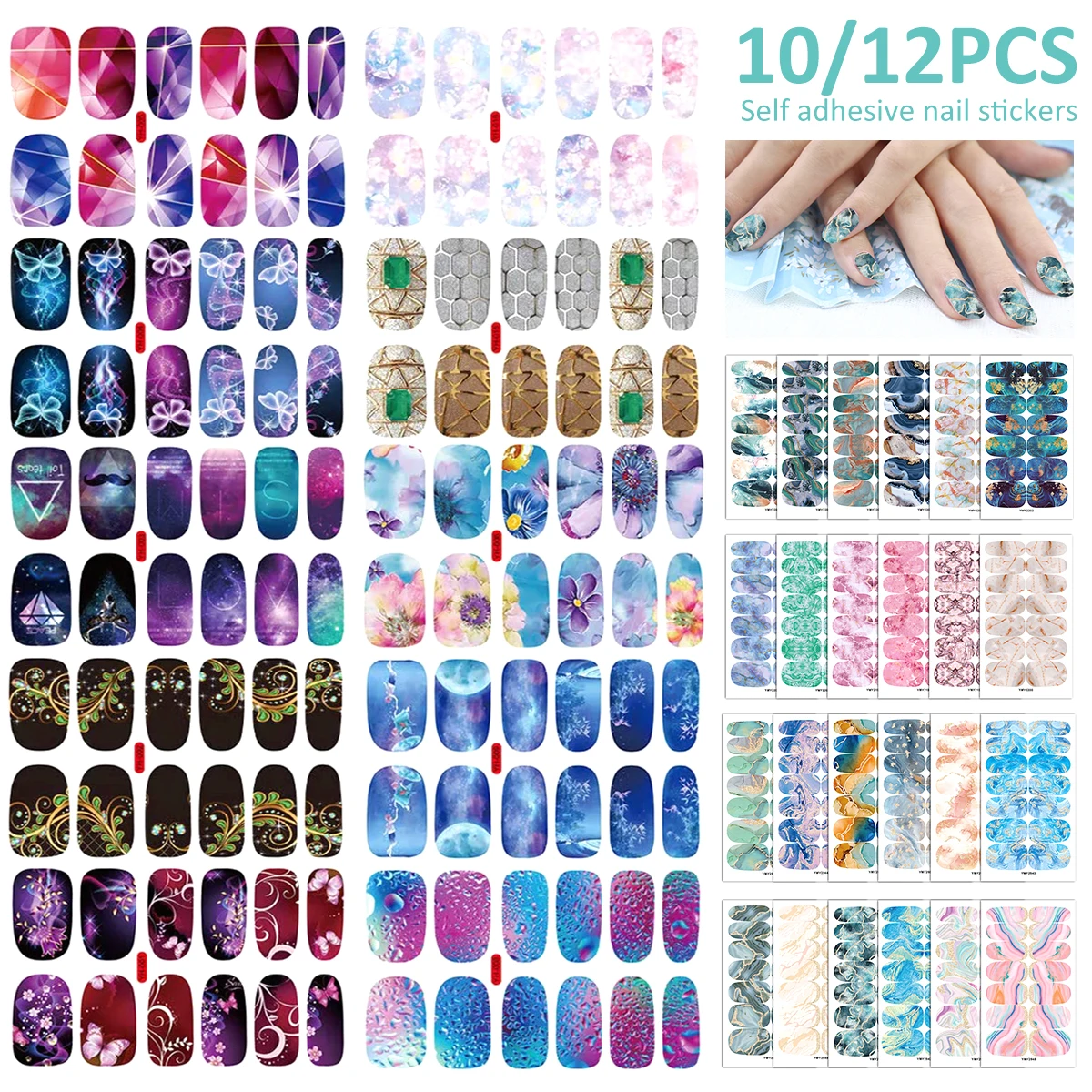 10/12 Sheets Creative DIY Nail Polish Stickers Self-Adhesive Nail Polish Stickers with Nail File Fully Wrapped Nail Stickers