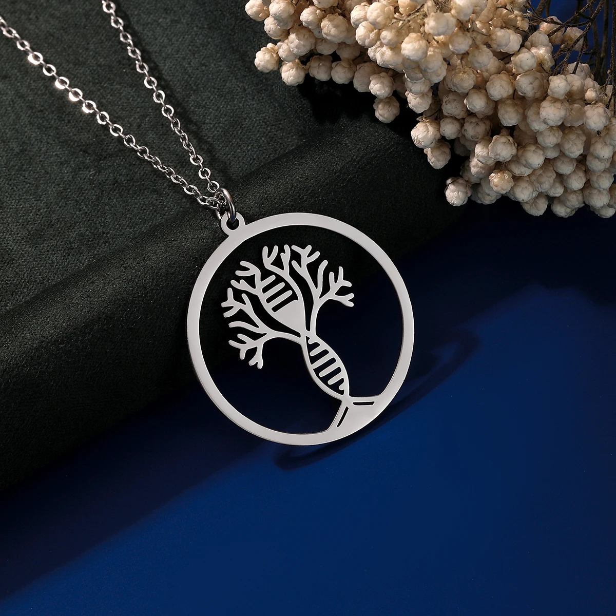 Kinitial Stainless Steel Round DNA Tree Of Life Pendant Necklace Women Dainty Jewelry Family Tree Charm Necklace Gift For Mom