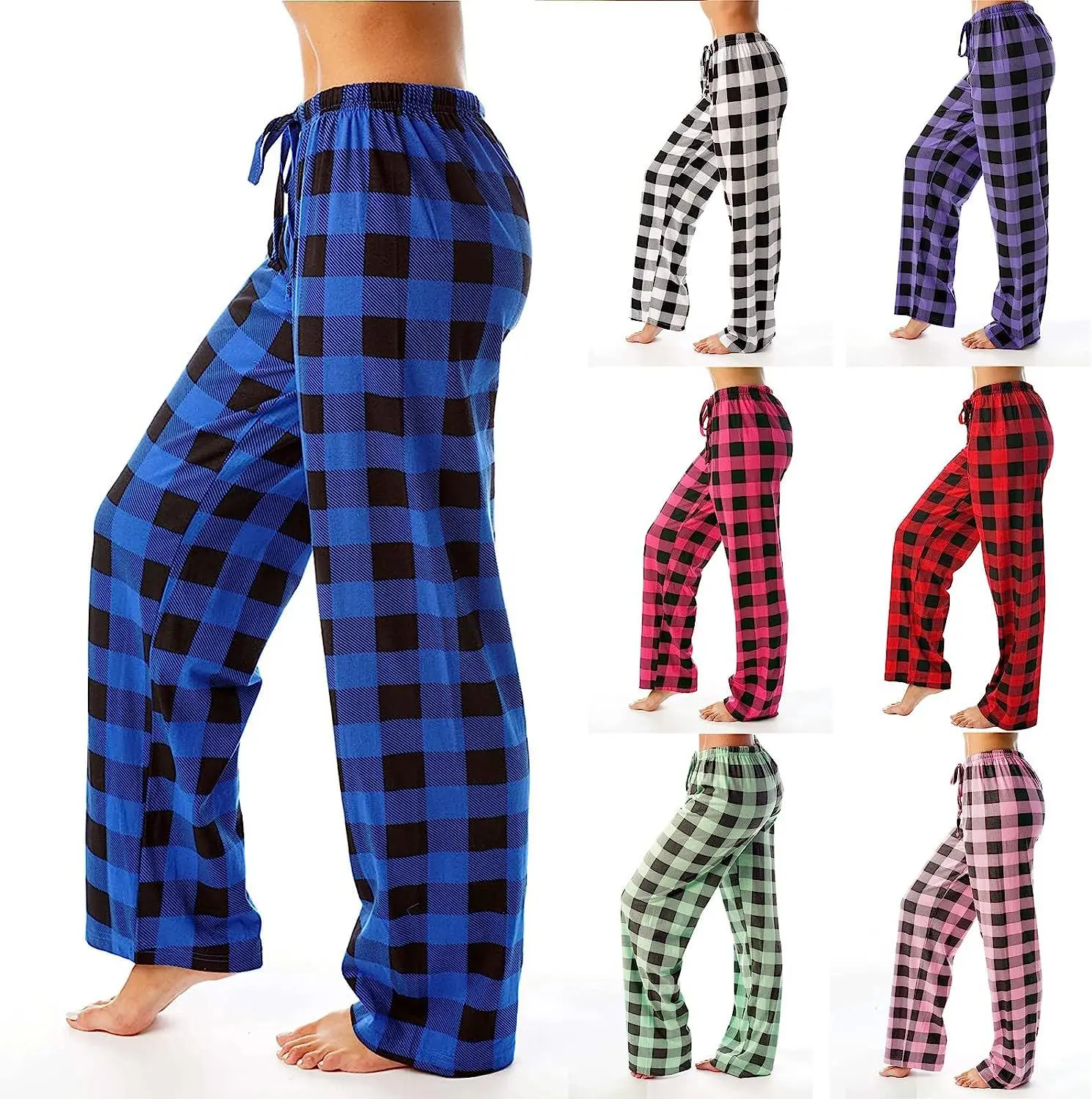 Women Fleece Pajama Pants Loose Comfy Plaid Bottoms with Pockets Sleep Lounge Pants