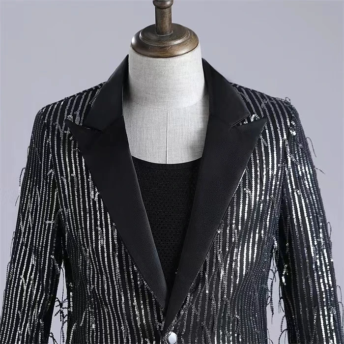 Cor bloqueio Tassel Sequin terno jaqueta, cantor masculino, equipe de dança, palco desempenho roupas, banquete anfitrião traje