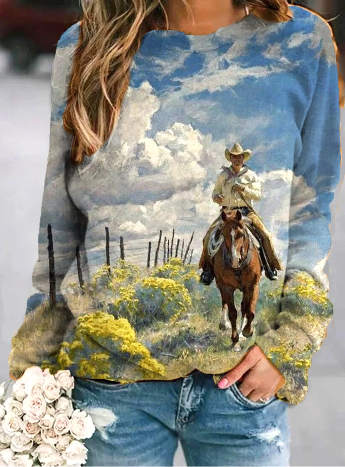 Vlinder Patroon Sweatshirts Cowboy 3D Print vrouwen O-hals Raglanmouwen Hoodies Y2k Truien Harajuku Tops Vrouw Kleding