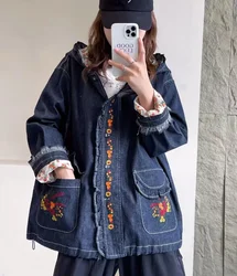 Vintage Blue Floral Embroidery Hooded Denim Jacket Women Autumn Sweet Mori Girl Ruffled Kawaii Long Sleeve Loose Female Outwear