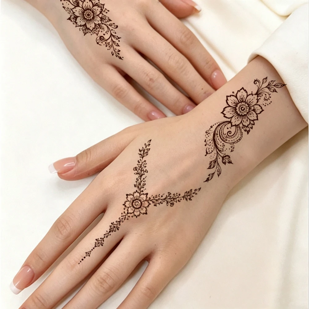 30pcs Small Size Brown Henna Tattoo Stickers Waterproof Black Mini Lotus Temporary Tattoos for Hand Finger Fake Tattoo for Women