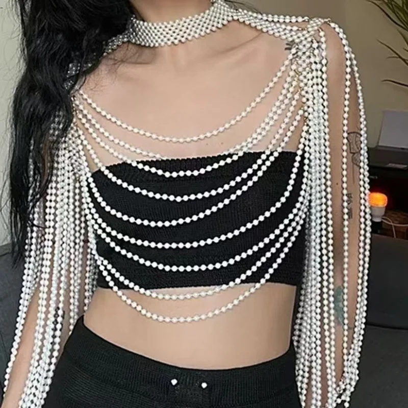 

Designer Pearl Beading Tops Women Handmade Pearls Top Ladies Party Female Elegant Beaded Vest Tops