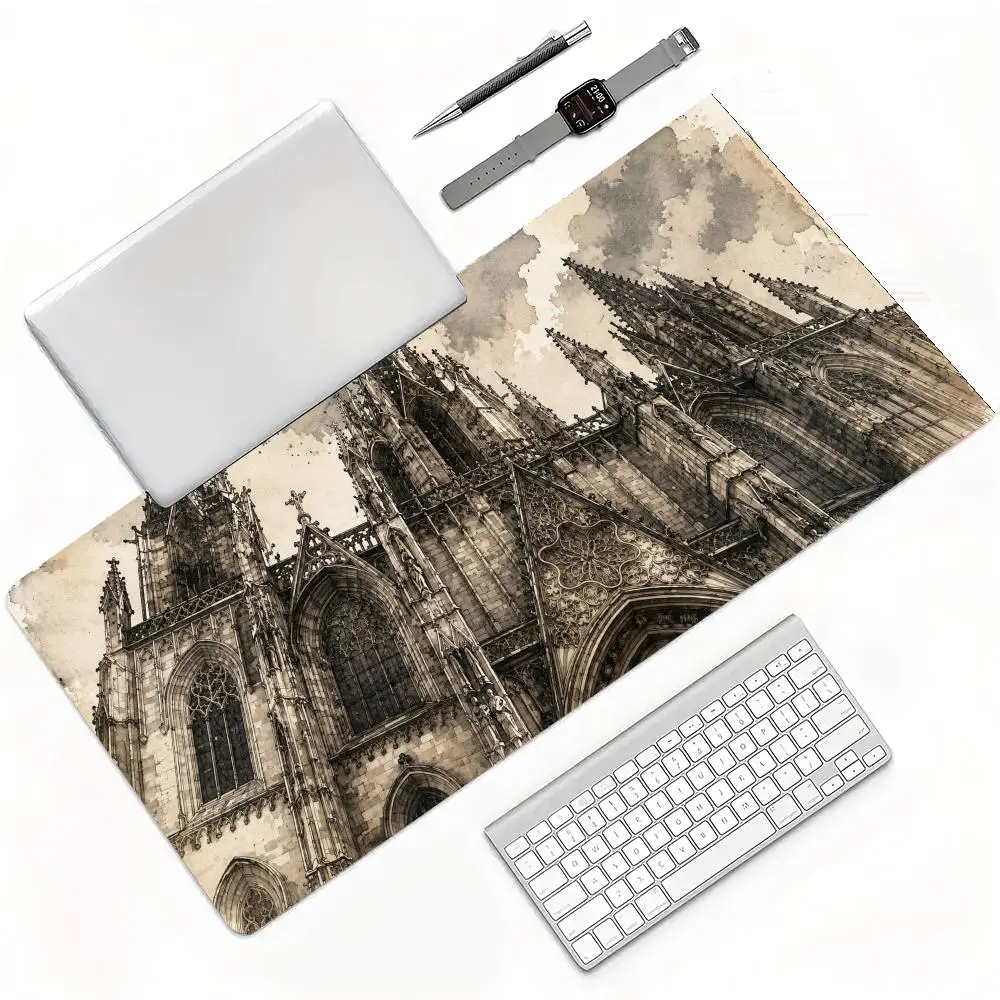 Dark Blue Snow Gothic Cathedral Moonlight Winter Fantasy Extended Gaming Mouse Pad Smooth Anti Slip Base