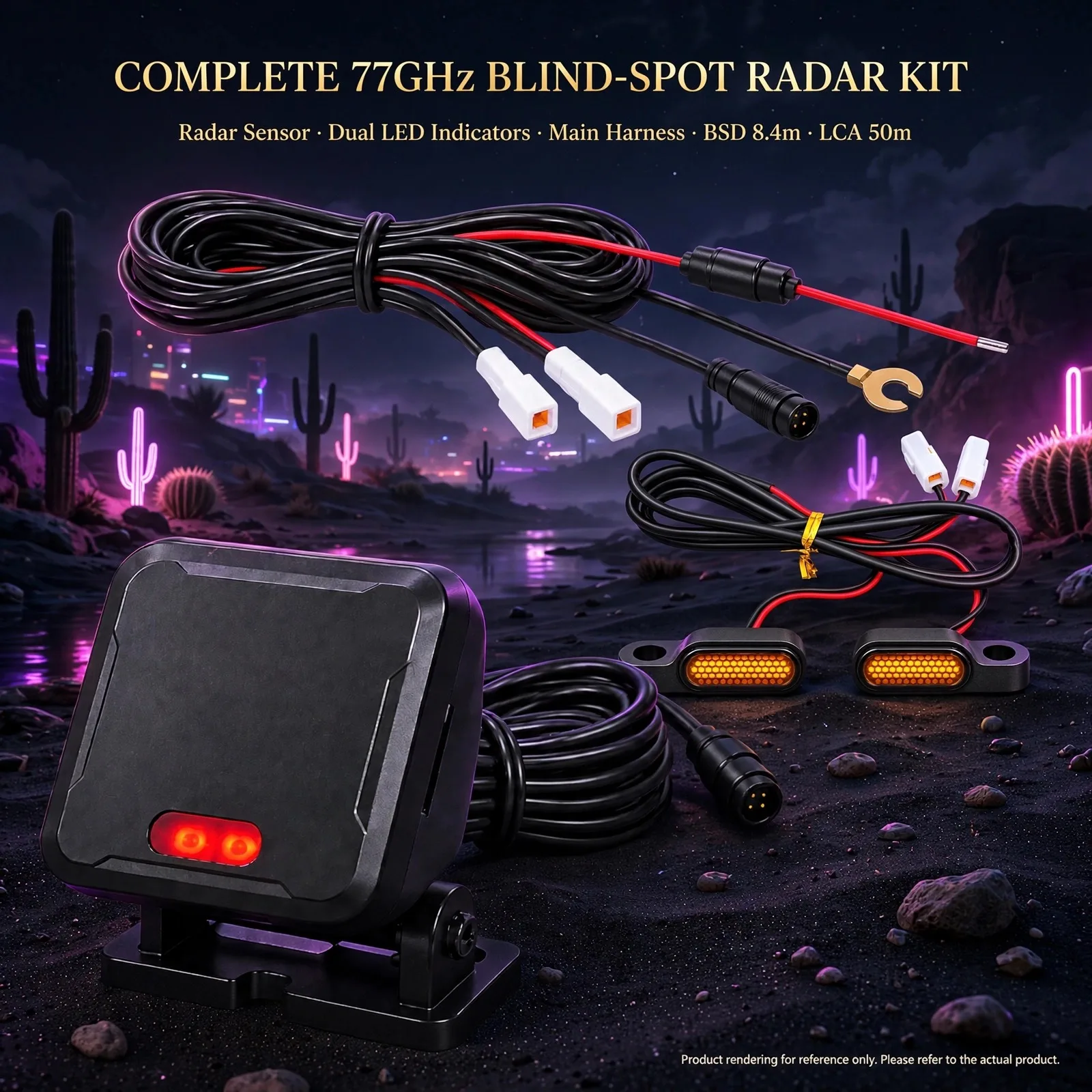 Neon Oasis 77GHz Blind-Spot Radar Kit for Motorcycle – Dual LED Indicators, 8.4m BSD & 50m LCA Zones, 4Tx4Rx, 20Hz Refresh