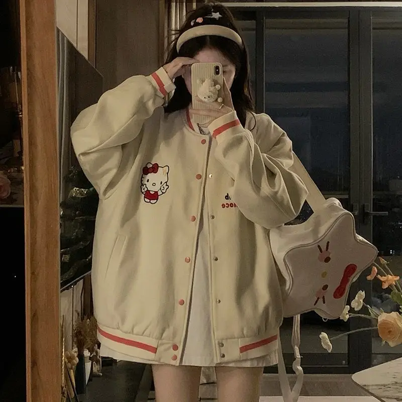 

Hello Kitty Baseball Uniform Kawaii Coat Young Girl Jacket New Sweet College Style Spring Fall Leisure Retro Long Sleeves Tops