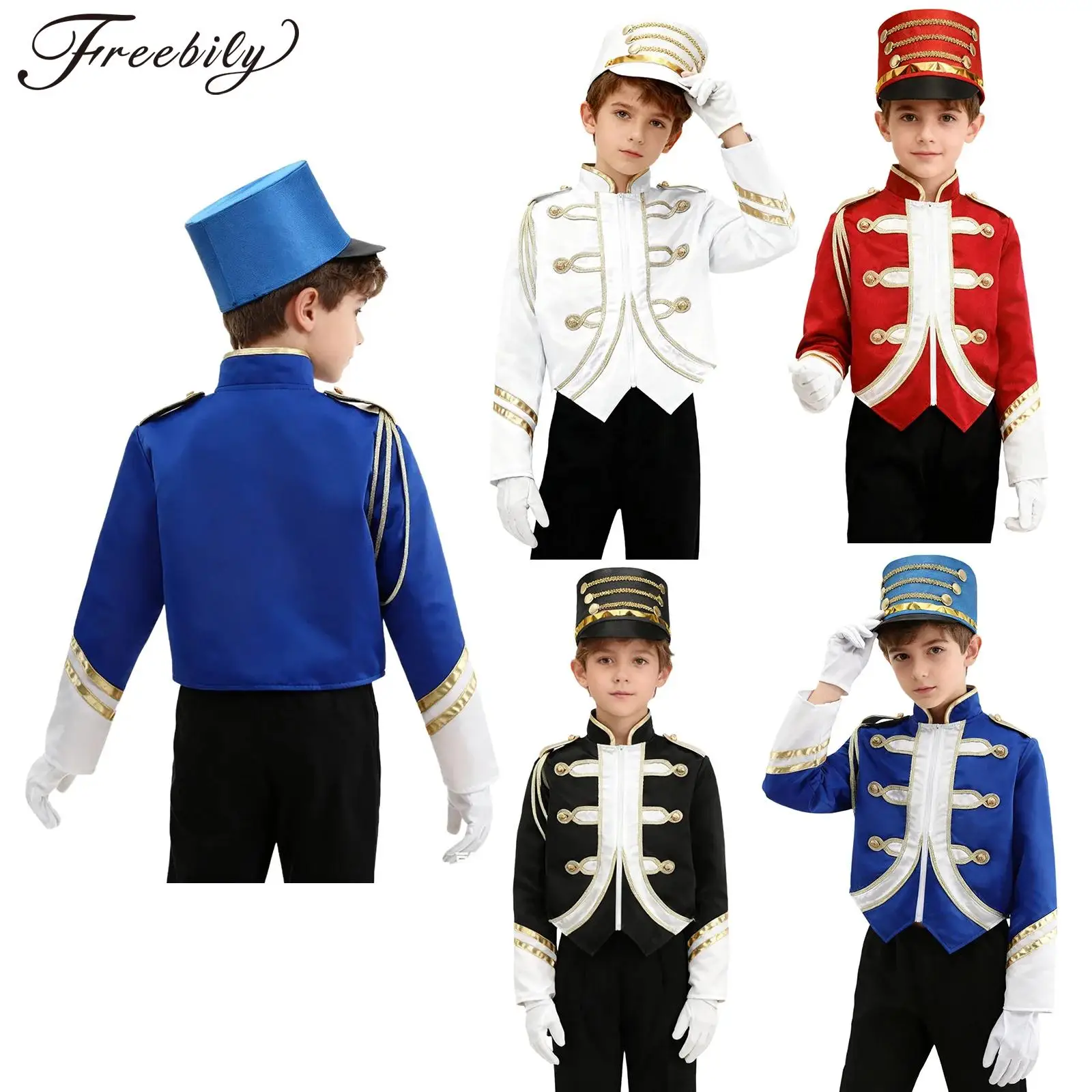 Kids Boys Trumpet Honor Guard Team Uniform Long Sleeve Zip Up Contrast Color Trim Jacket with Hat Gloves Marching Band Outfit