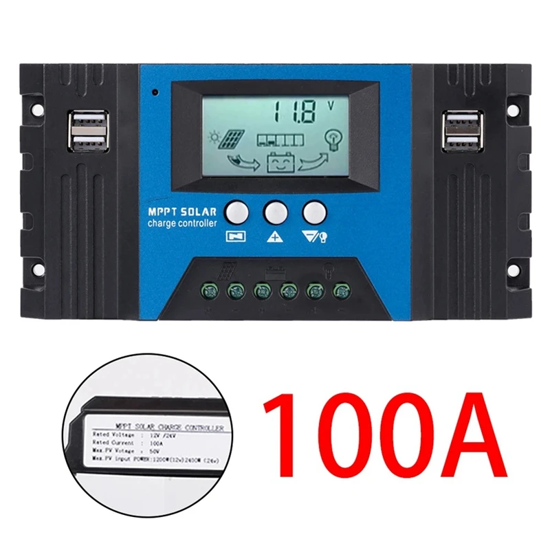 100A MPPT Solar Charge Controller Dual USB LCD Display 12V/24V Auto Solar Cell Panel Charger Regulator With Load Durable