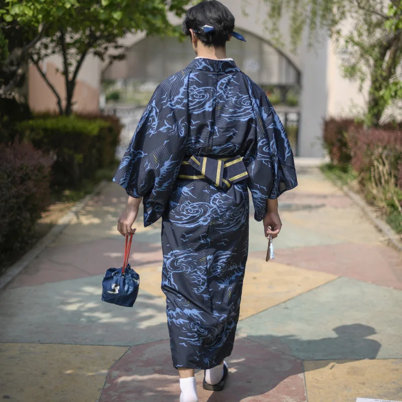 Japanese Traditional Samurai Kimono For Men Yukata Bathing Robe Hekoobi Loose Sauna Wear Homewear Belt Long Gown Cosplay Costume
