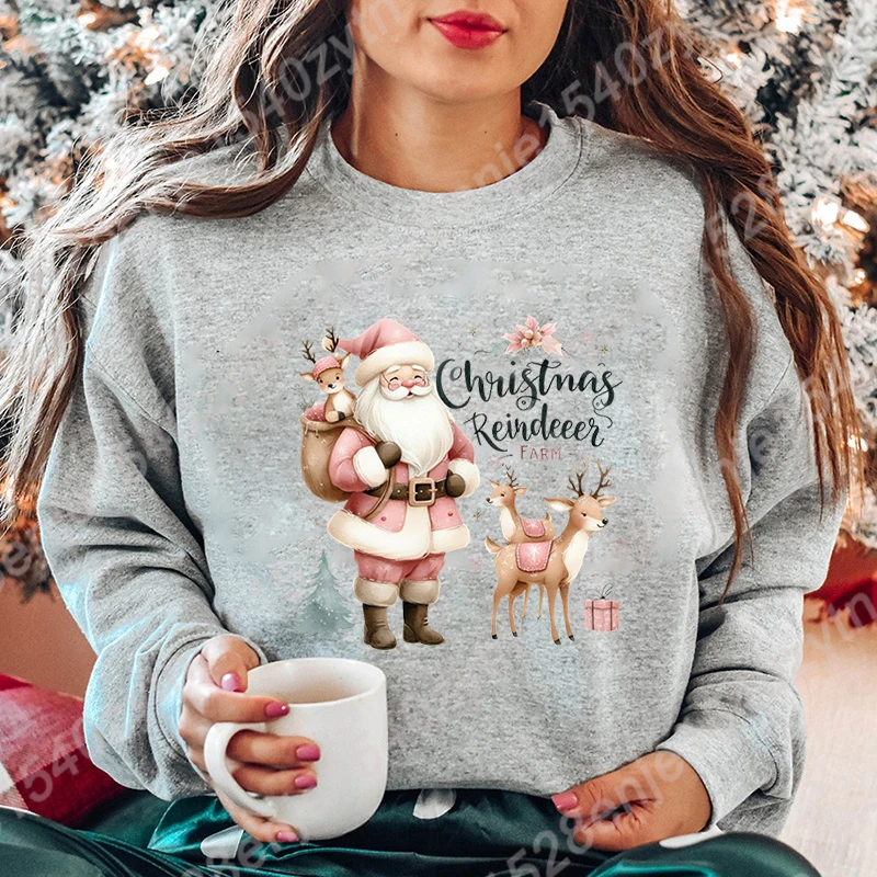 Santa Christmas Reindeer Farm Print Sweatshirts Autumn Winter Long Sleeve Round Neck Casual Pullovers Women Hoodless Sweatshirts