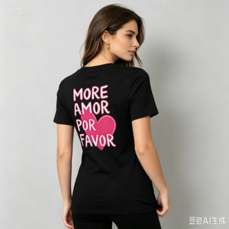 Womens  Modal Crew Neck T‑Shirt, Spanish Love Quote Graphic Tee More Amor Por Favor Heart Pattern Daily Short Sleeve Tee