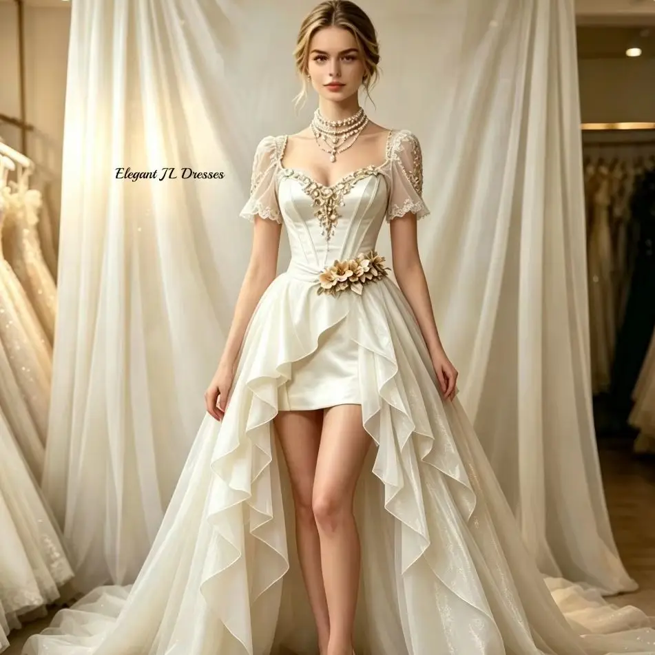Princess Square Neck Wedding Dress High Low Puff Short Lace Sleeves Corset Bodice 3D Floral Waist Decor Chapel Train Customized