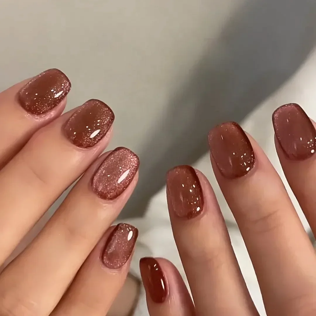 

24pcs/set cat eyes fake nails for women girls red brown green blue grey sparkling short tips faux ongles press on false nailA