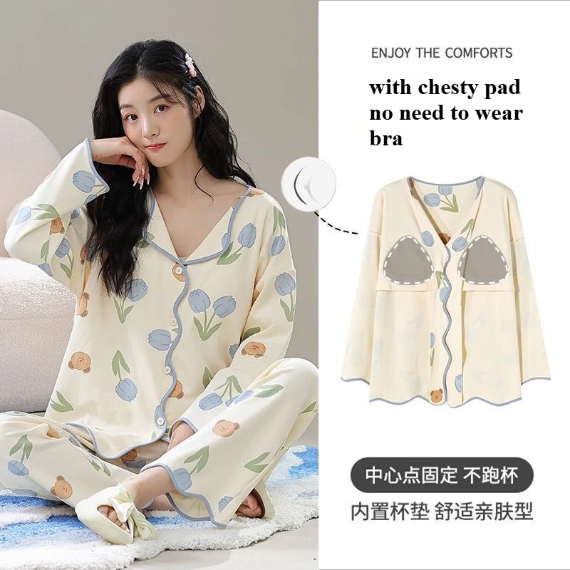 Pijamas De Mujer 2025 New Pajamas for Women with Chast Pad Sleepwear Kawaii Clothes Cute Girl Cardigan Long Sleeves Loungewear