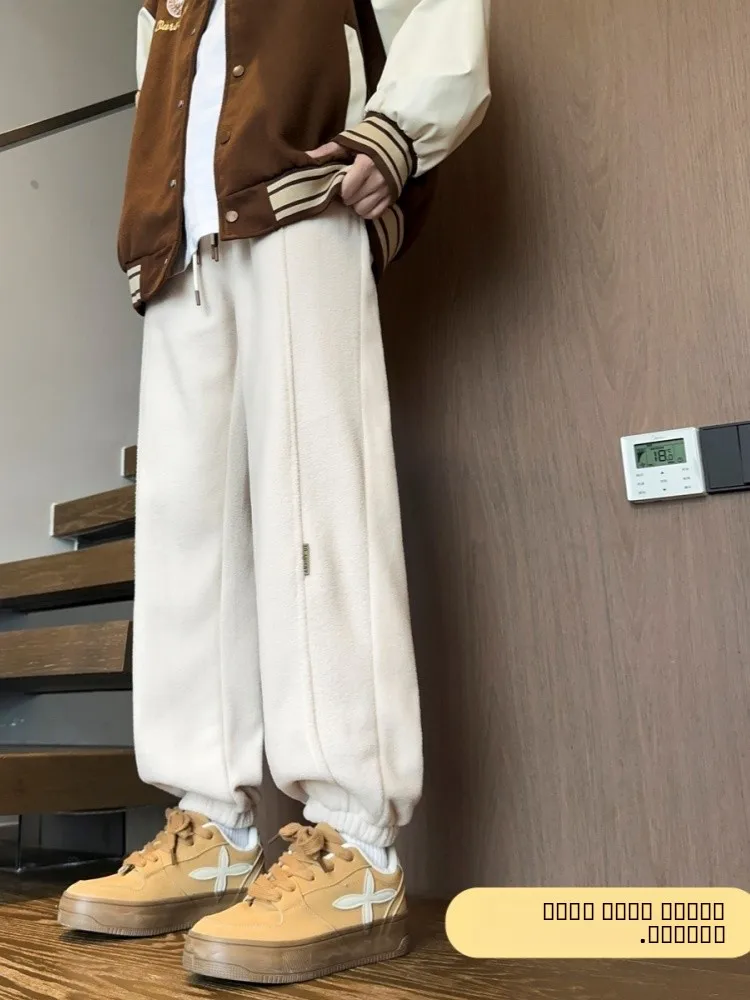 

Утепленные повседневные брюки на флисовой подкладке, мужские зимние теплые брюки, спортивные брюки в американском ретро-стиле, свободный крой, эластичная талия