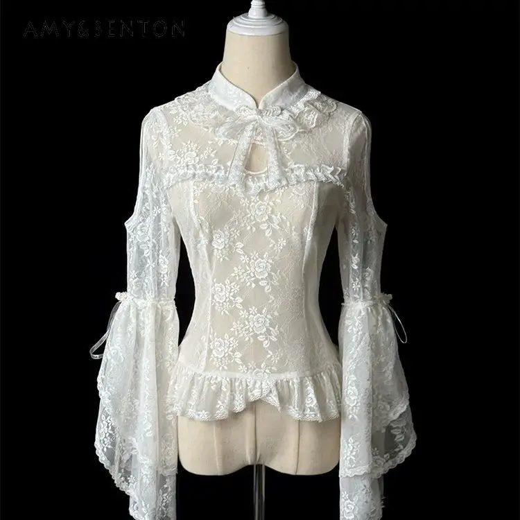 

Внутренняя одежда в стиле Лолиты, топ, новый китайский стиль, элегантные ретро кружевные лоскутные рубашки с белыми рукавами-колокольчиками, милая милая тонкая рубашка с вышивкой