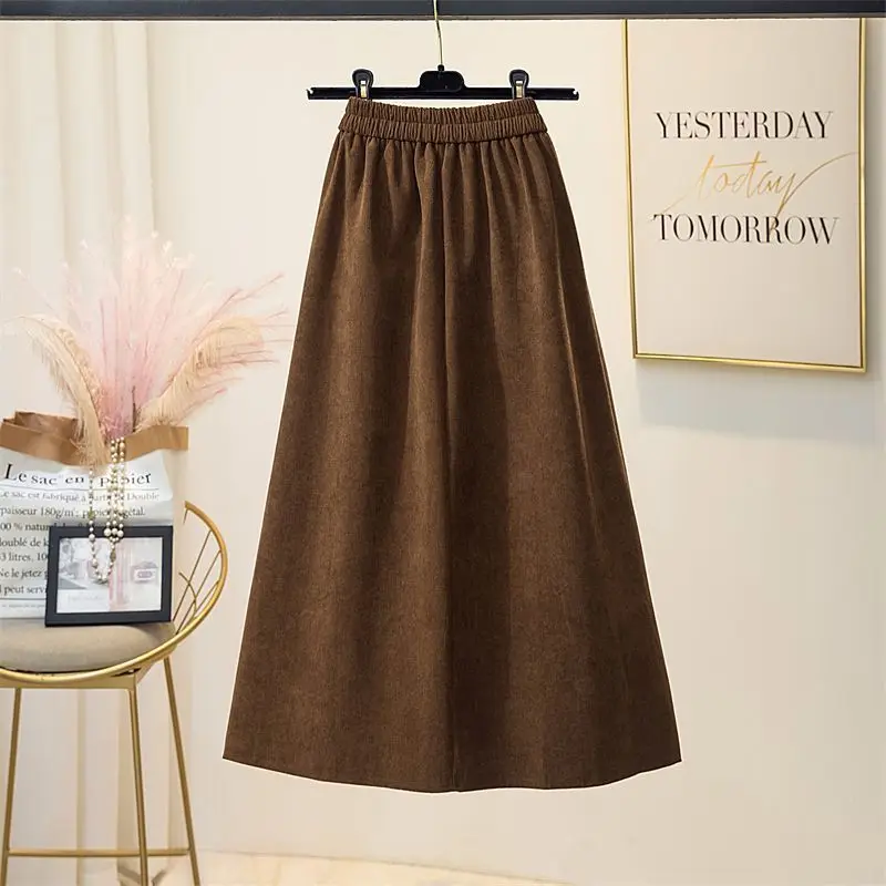 Women Clothing Autumn Winter Stylish Vintage Corduroy Slim Thick Skirts Female Elegant Chic High Waist Pleated Midi Dress Faldas