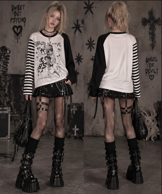 Y2K Anime Girl Graphic Long Sleeve Jirai Kei Harajuku Patchwork Striped Sleeve Tops Japanese Kawaii Devil Girl Print Tees