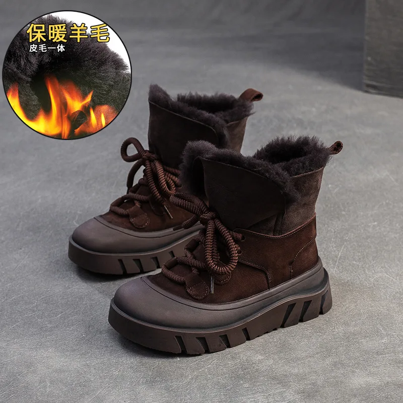 

5.5cm Natural Genuine Leather Women Ankle Flats Boots Platform Wedge Ankle Booties ZIP Elthnic Winter Plush Spring PUNK Shoes