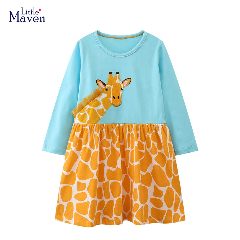Little maven Autumn Spring Children's Clothing Girls Long Sleeves Cartoon Embroidery Giraffe Dress Cotton Kids Clothes