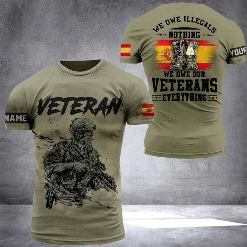 Exército Espanhol Masculino Camuflagem Manga Curta Camiseta, Tática VETERAN Tops, Emblema Espana 3D, Soldados Estampados Militares, Camiseta Floresta