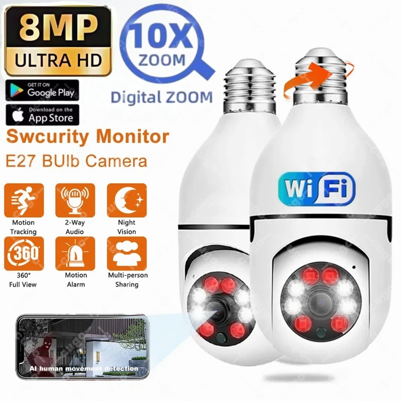 

8MP Wifi IP Camera E27 Bulb Security Camera Auto Tracking Color Night Vision Cam AI Human Detection 10X Zoom Baby Monitor Camera