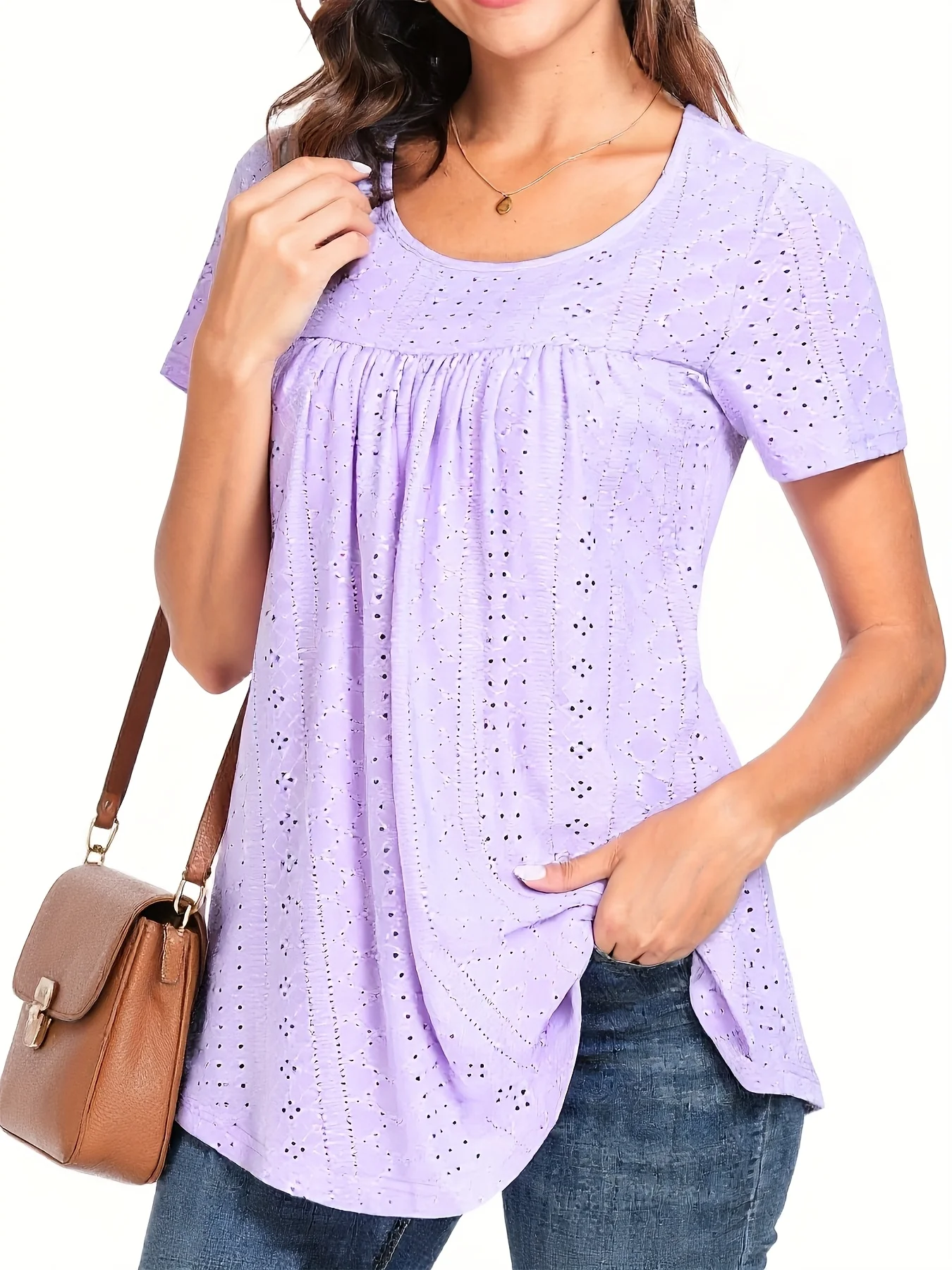 

Women's Plus Size Eyelet Short Sleeve Top with Flowy Fit Perfect for Casual Summer Elegance