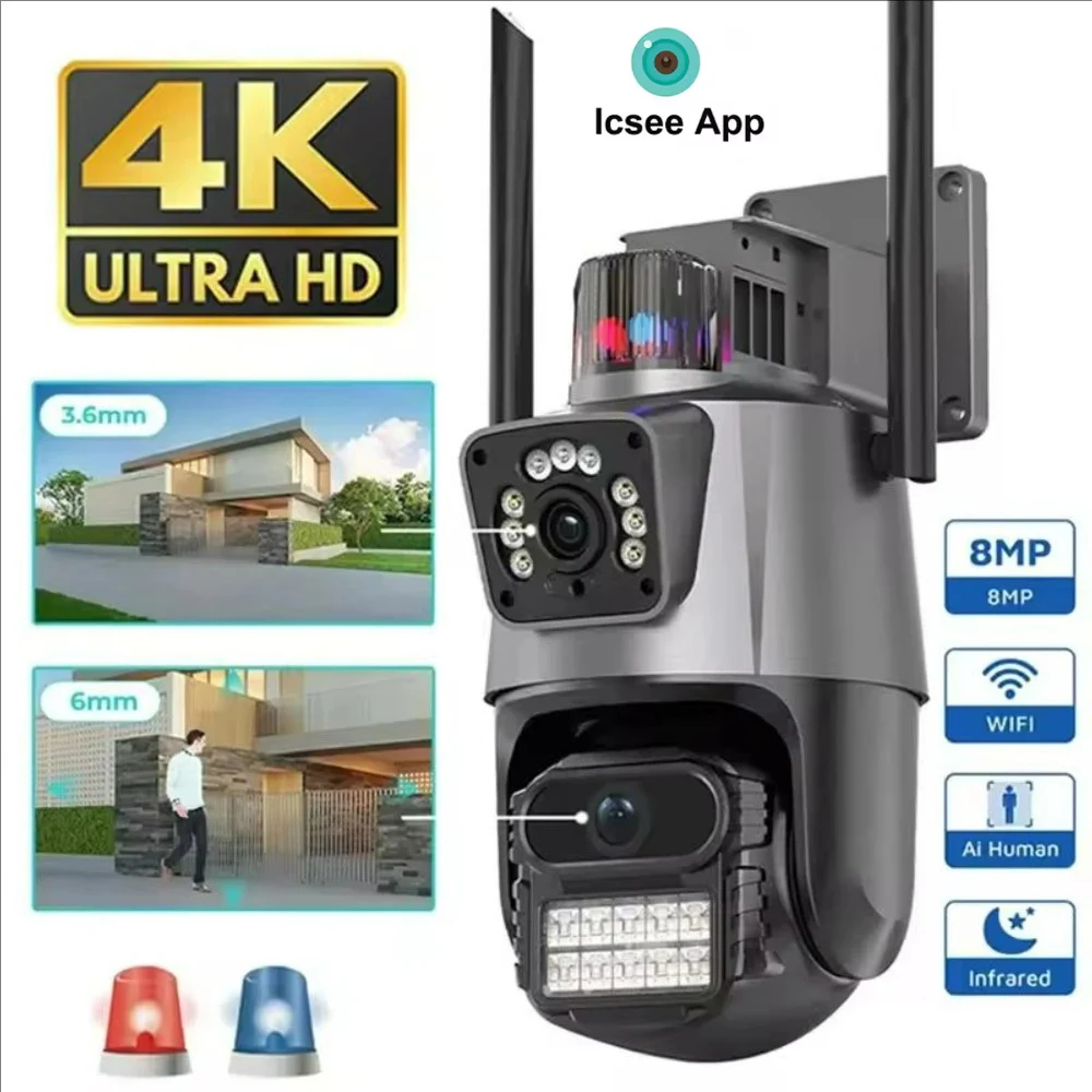 

ICsee 4K UHD 8MP WiFi Camera Dual-Lens Dual Screen Camera AI Auto Tracking 8X Zoom CCTV Surveillance PTZ Security Camera ONVIF