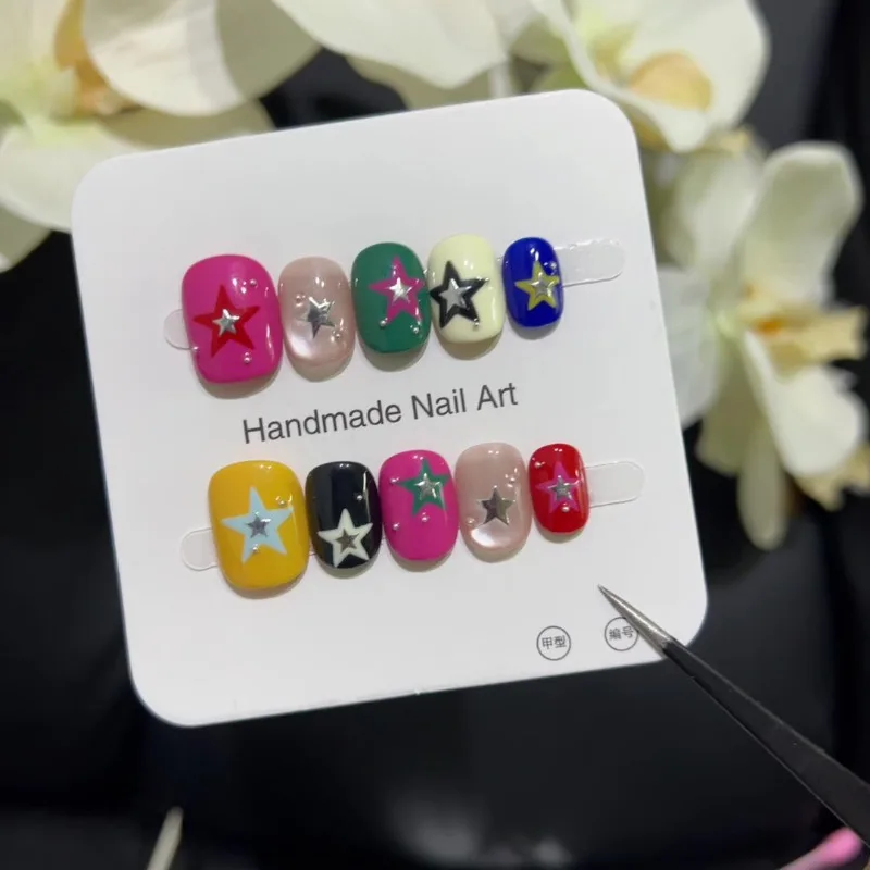 

Handmade Press on Nails Cute Cartoon False Nails with Glue Stars Multicolored Short High Quality Nail Tips with Box and Tools