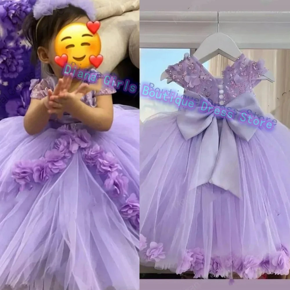 3D Florals Flower Girl Dress Tulle Lavender Princess Dresses Wedding A-Line Sequin Bow Back Party Dream Kids Birthday Gift