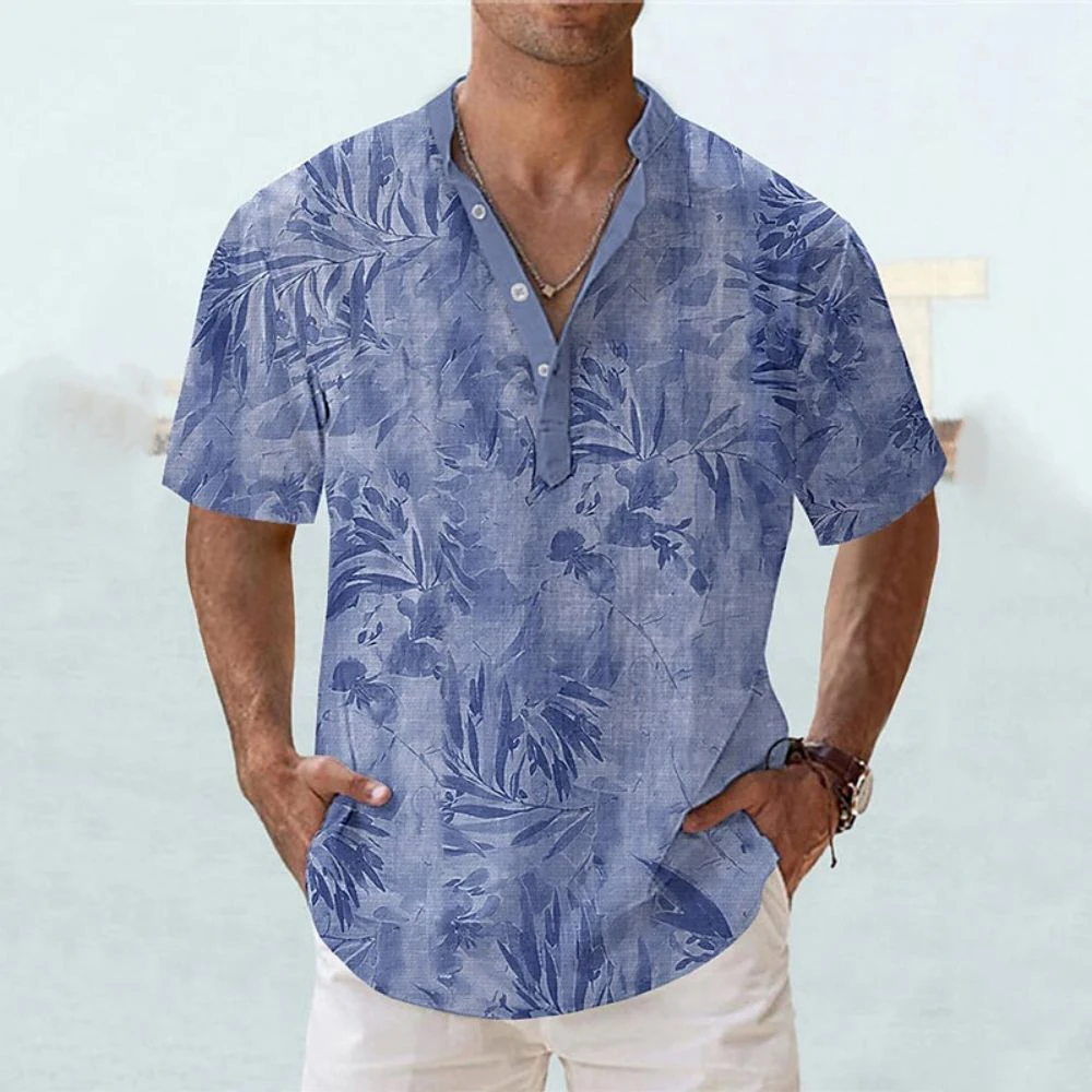 Camiseta Henley Con Estampado 3D De Flores Para Hombre, Camisa De Manga Corta Con Cuello Levantado Y Botones Ropa De Gran Tamaño