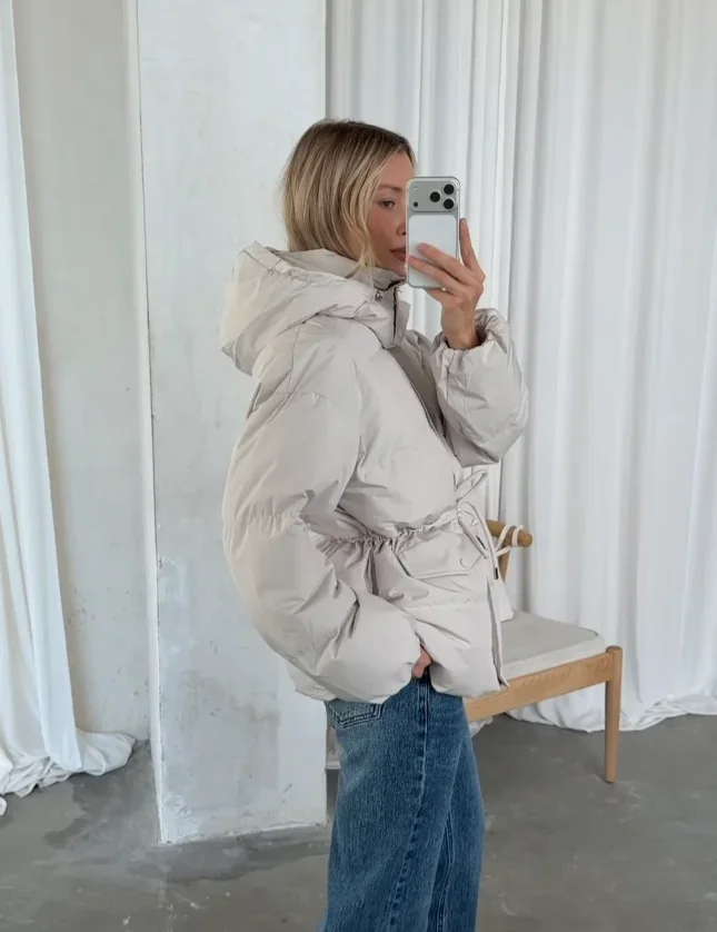 Women Hooded Drawstring Waist Puffer Coat Detachable Hood Zip Up Pocket Loose Padded Jacket New Winter Casual Cotton Coats 2026