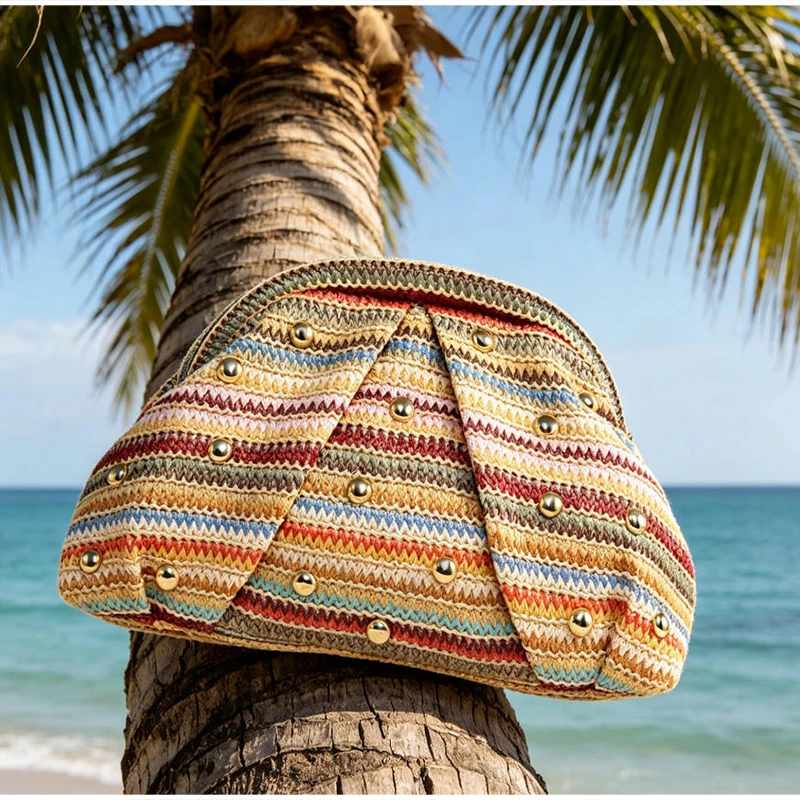 Vintage Häkel-Clutch, Retro-Handtasche für Damen, Sommer Boho Nieten-Dekor, gerüschte Handtasche mit wolkenförmigem Verschluss – Detail 4