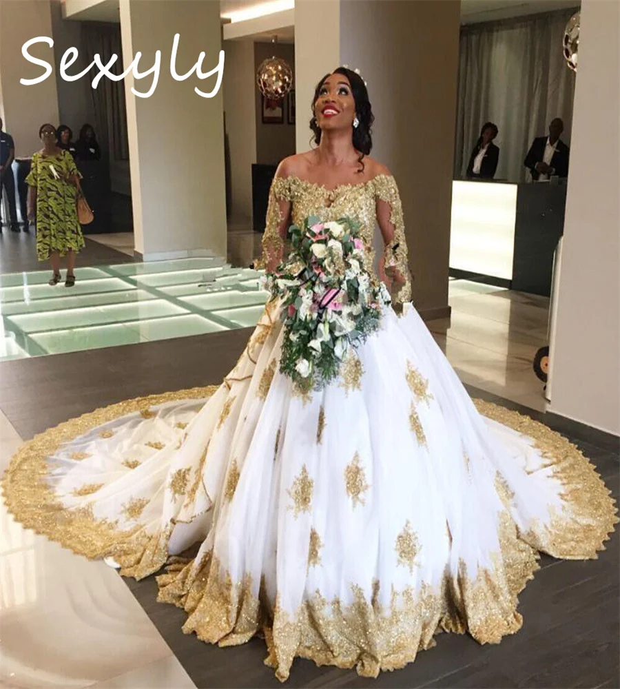 White and gold long sleeve wedding dresses-AliExpress