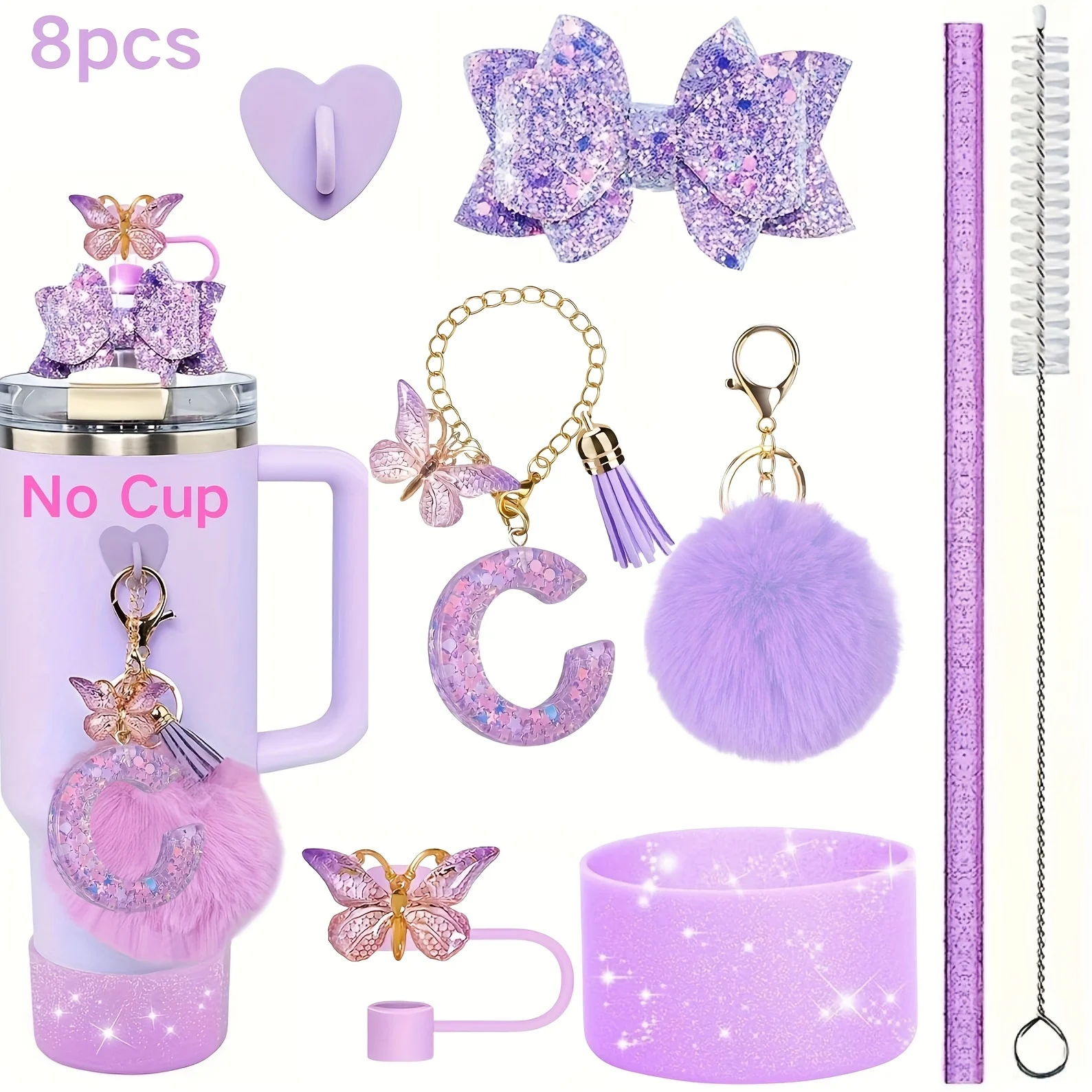 8pcs Pastel Purple & Pink Glitter Party Tumbler Accessories Set with Heart Cutouts Bow Letter Charms Pom-Poms And Straw Tops
