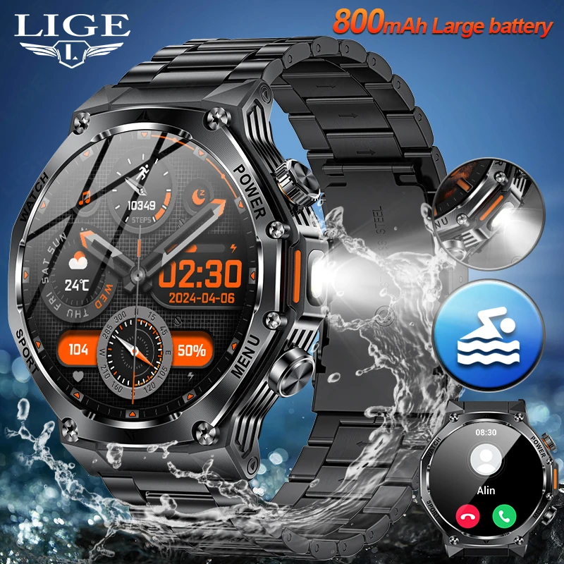 

Смарт-часы LIGE 2026 с Bluetooth-вызовами, аккумулятором 800 мАч, измерением пульса, 1,8-дюймовым экраном, военным дизайном, для мужчин, для Android и iOS