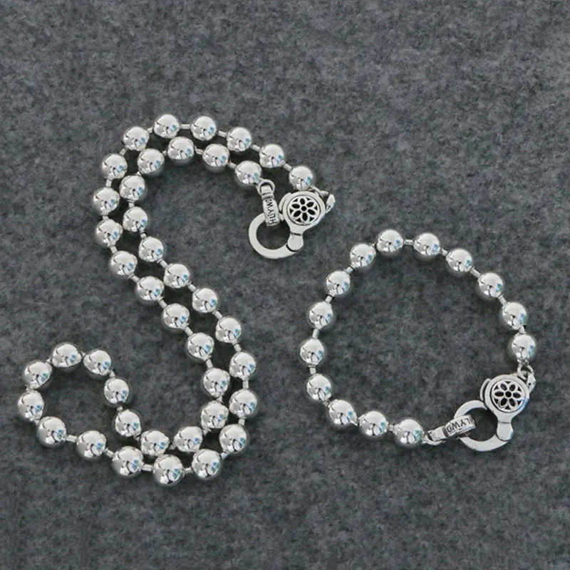 925 Sterling Silver Necklace Women's Long Silver Beads 8mm Round Beads Exquisite Couple Bracelet Men's Korean Version White Silv