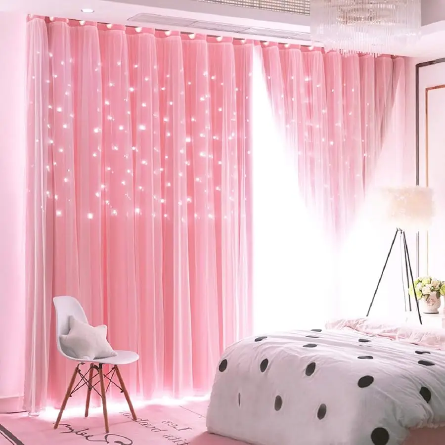 

2 Panels Stars Blackout Curtains for Bedroom Girls Kids Baby Window Decoration Double Layer Star Cut Out Aesthetic Li ing Room D