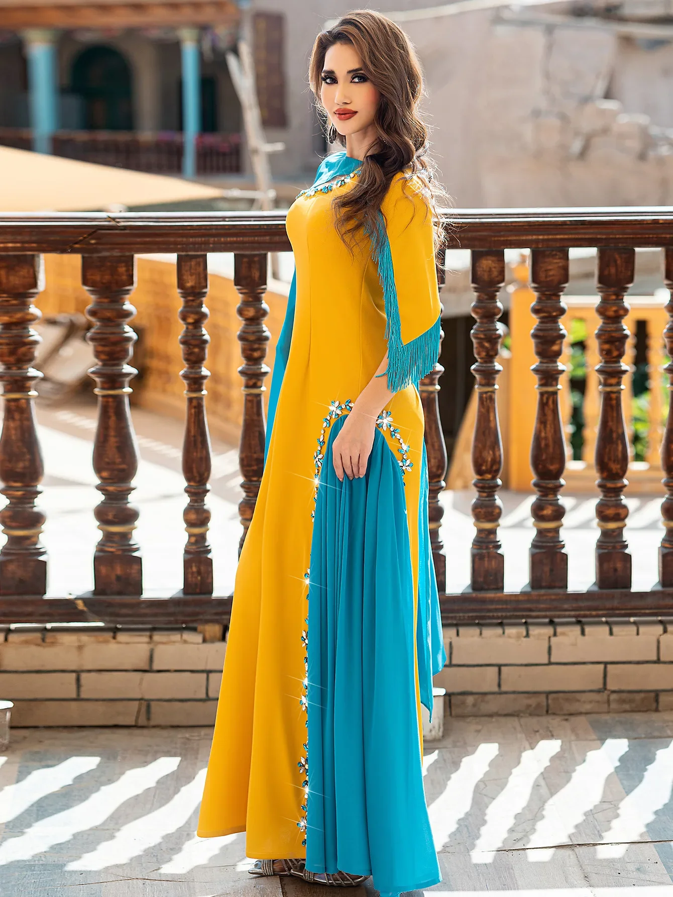 Diamond Tassel Abaya Muslim Women Color Blocked Half Shawl Dress Party Dresses Kaftan Ethnic Turkey Islamic Arab Robe Evening