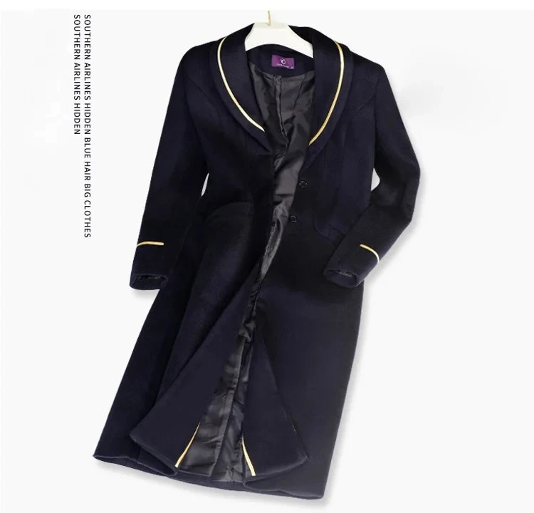 China Southern Airlines Flight Attendant Woolen Coat Women Wool Fabric Winter Mid length Thickened Aviation Overcoat Uniform