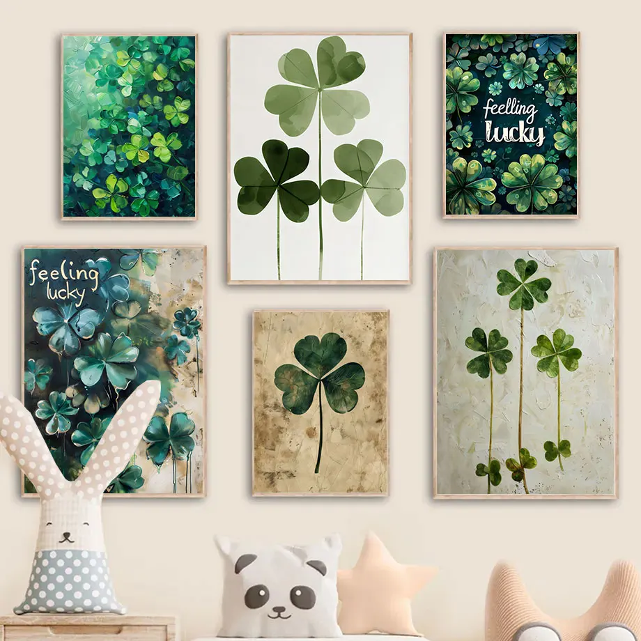 Lucky Clover Four Leaf Clover Green Poster Oil Painting Retro Graffiti Cartoon Fresh Canvas Painting Wall Art Room Home Decor