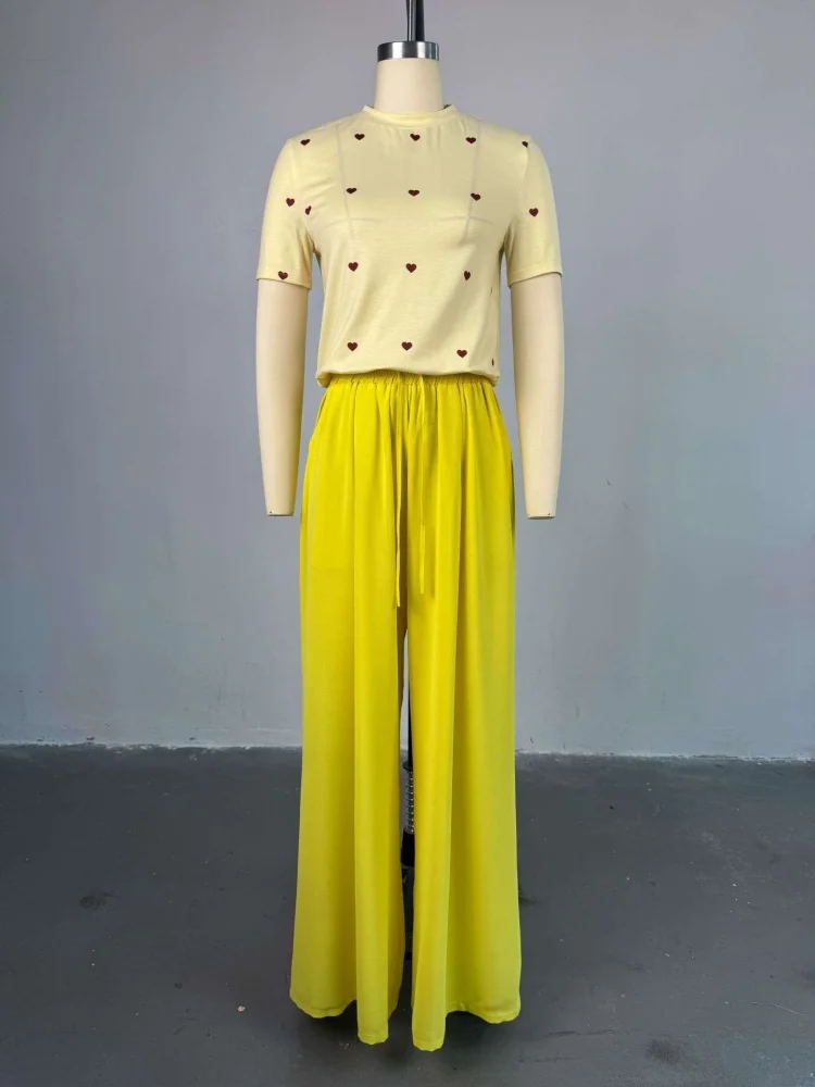 Wmstar 2 ชิ้นชุดชุดสตรีขายส่งฤดูร้อนใหม่หวานแฟชั่นรอบคอรูปหัวใจแขนสั้นขากว้างกางเกงยาว