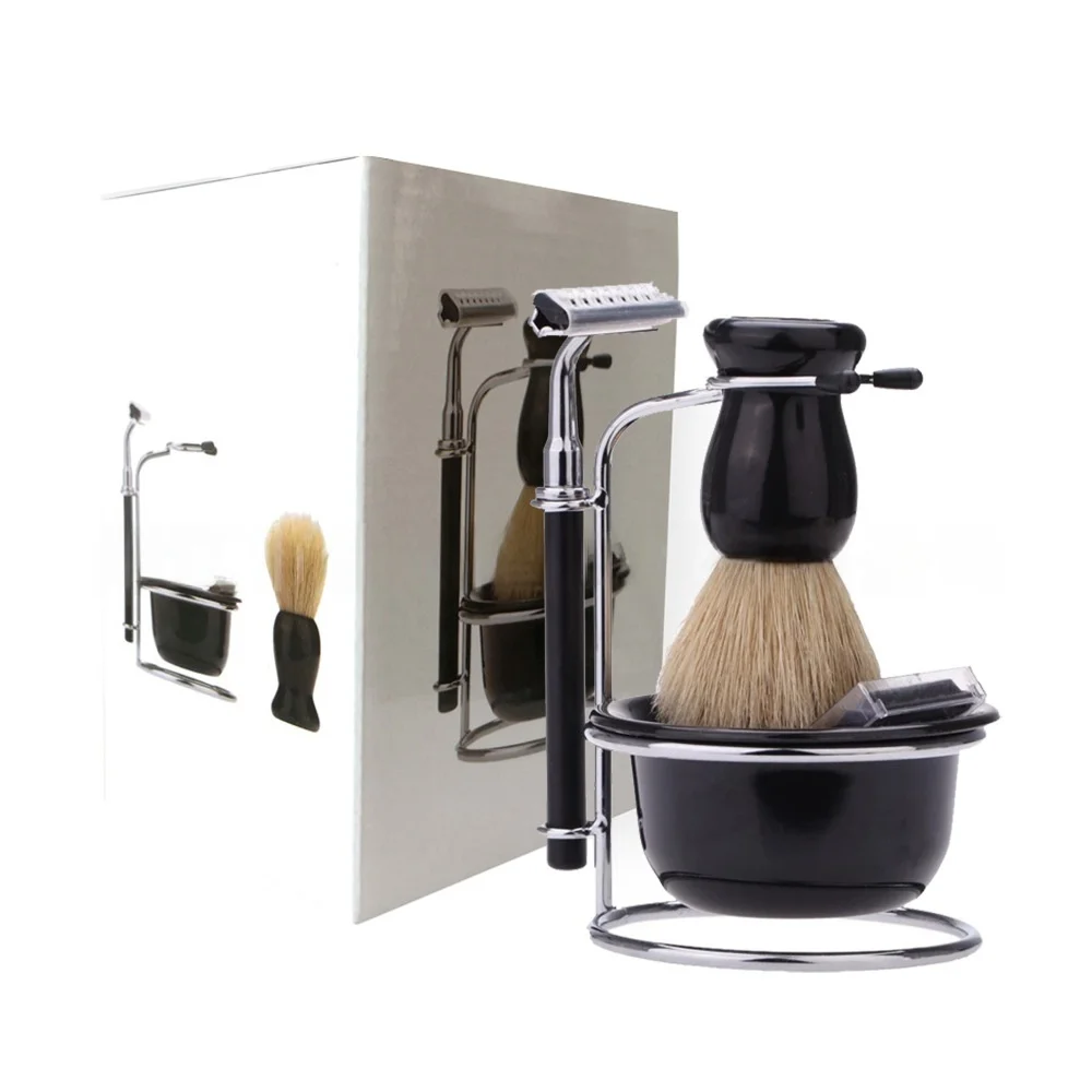 Safety Shaving Razor Brush Kit For Men , Includes Manual Razor + Stand Holder + Shaving Brush+ Shaving Bowl+5pcs Refill Blades