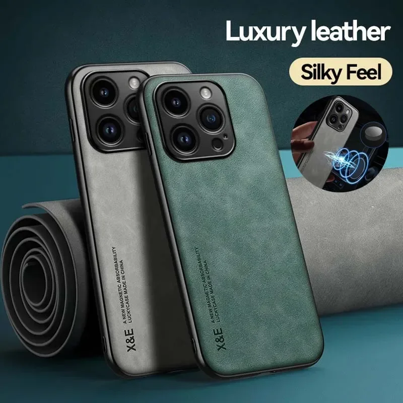 Funda de Cuero de Lujo para iPhone 17 16 16e 15 14 13 12 11 Pro Max Plus 12 13 Mini SE 8 7 con Placa Metálica para Soporte de Auto 2