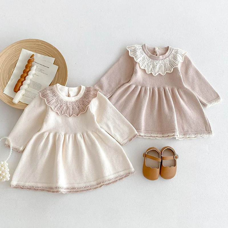 

2024 New Autumn European American Style Children Clothes Kids Princess Dresses Long Sleeved Knitted Baby Girl Party Dress