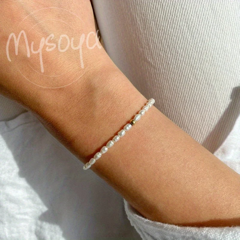 

MYSOYA 3-4mm White Baroque Rice Shape Freshwater Pearl Bracelet For Women And Men With Gift Box Birthday Wedding Jewelry Gift