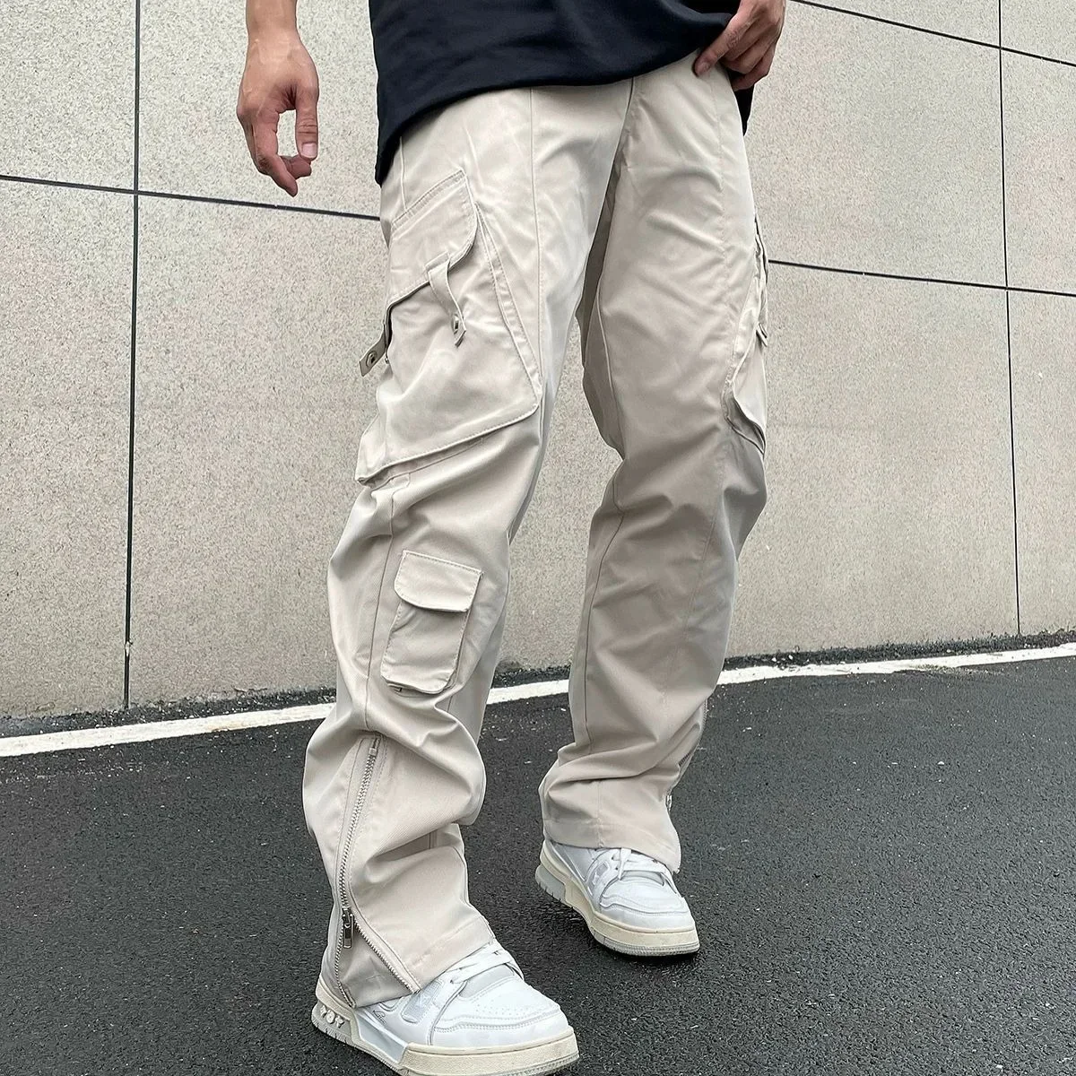 2023 Men's Loose-fit Straight-leg Casual Trousers American Style High Street Vibe Zip-up Cargo Pants Fog Wind